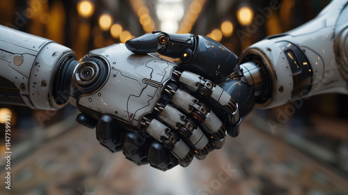 Close-Up of Robot Hands Shaking Futuristic Business Relations