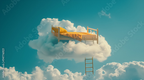 Surreal Bed Floating Above Clouds with Ladder and Blue Sky on a Sunny Day