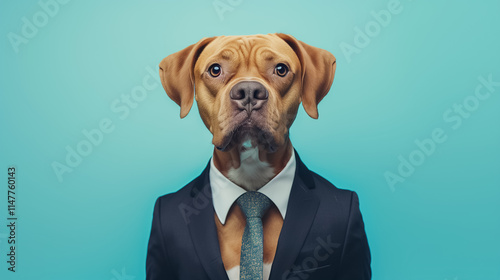 Charismatic Dog Businessman in Formal Suit on Blue Background