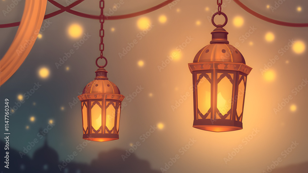 Fototapeta premium Illuminated Night: A pair of ornate lanterns, strung with delicate chains, cast a warm glow against a backdrop of twinkling lights and a distant cityscape.