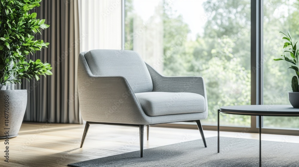 Fototapeta premium Minimalist modern living room with elegant, spacious design. Featuring clean lines and soft tones