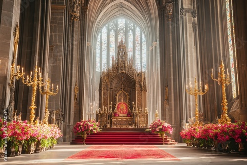 Majestic Cathedral Interior with Golden Altar and Floral Decorations