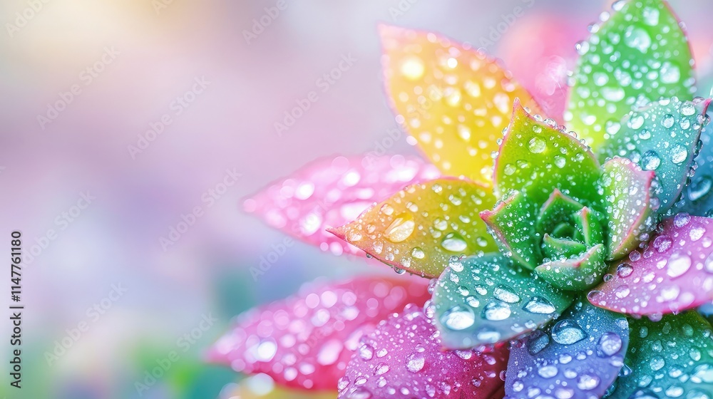 Fototapeta premium Rainbow succulent plant with water droplets.