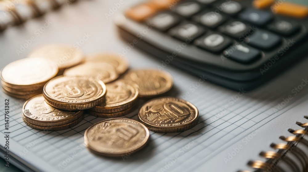 Close-Up of Budgeting Notebook with Coins and Calculator for New Year Financial Planning Close-Up of Budgeting Notebook with Coins and Calculator for New Year Financial Planning