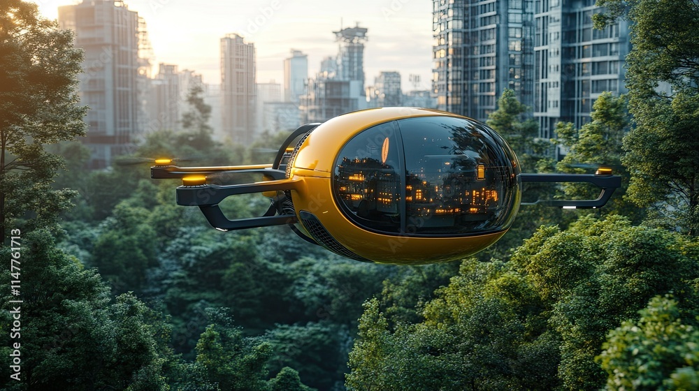 Futuristic yellow drone taxi flying over a city park at sunrise. Futuristic yellow drone taxi flying over a city park at sunrise.