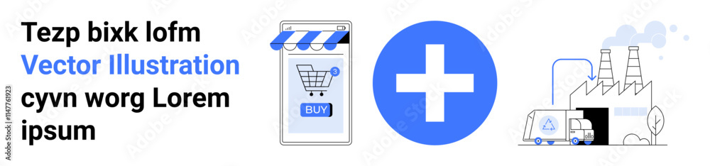 Smartphone with shopping cart icon and buy button, blue cross medical symbol, factory with machinery. Ideal for e-commerce, healthcare, industry, technology, business, manufacturing, logistics Smartphone with shopping cart icon and buy button, blue cross medical symbol, factory with machinery. Ideal for e-commerce, healthcare, industry, technology, business, manufacturing, logistics