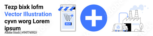 Smartphone with shopping cart icon and buy button, blue cross medical symbol, factory with machinery. Ideal for e-commerce, healthcare, industry, technology, business, manufacturing, logistics