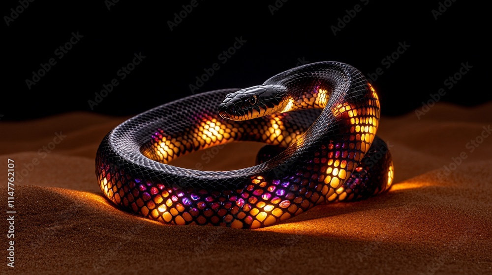 Fototapeta premium A glowing snake coiled on sandy terrain.