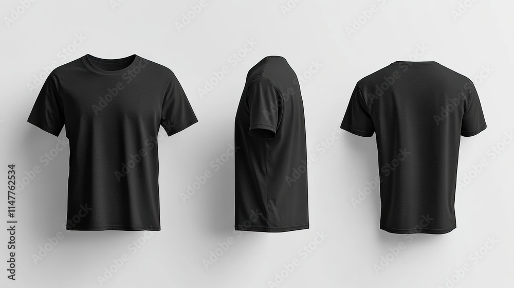 Empty black t shirt mockup showcasing front, side, and back views for design placement and customization options. Generative AI Empty black t shirt mockup showcasing front, side, and back views for design placement and customization options. Generative AI