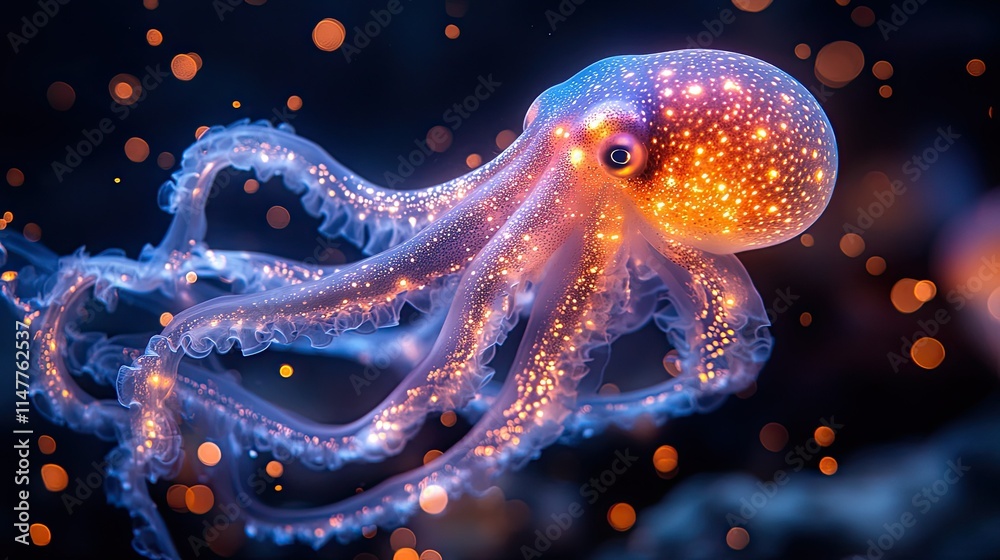 Glowing, otherworldly octopus in deep sea environment, illuminated by bioluminescent particles. Glowing, otherworldly octopus in deep sea environment, illuminated by bioluminescent particles.