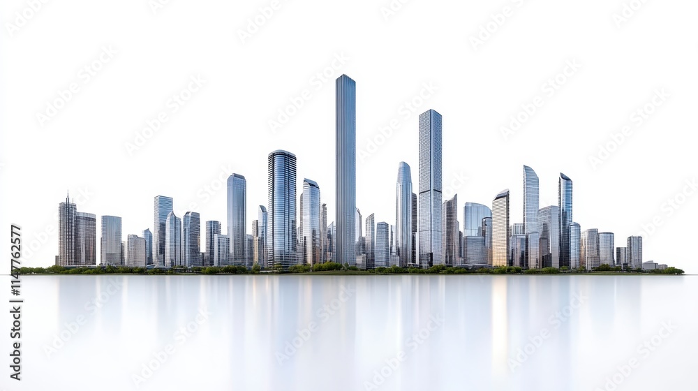 A modern skyline featuring a variety of skyscrapers, reflecting a contemporary urban landscape against a white background. A modern skyline featuring a variety of skyscrapers, reflecting a contemporary urban landscape against a white background.