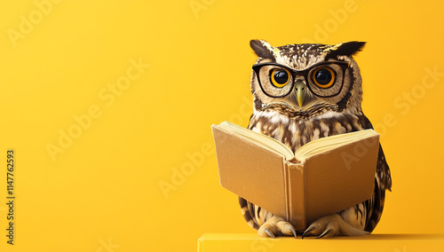  Illustration of a wise owl wearing round glasses, engrossed in reading a book, set against a solid yellow background