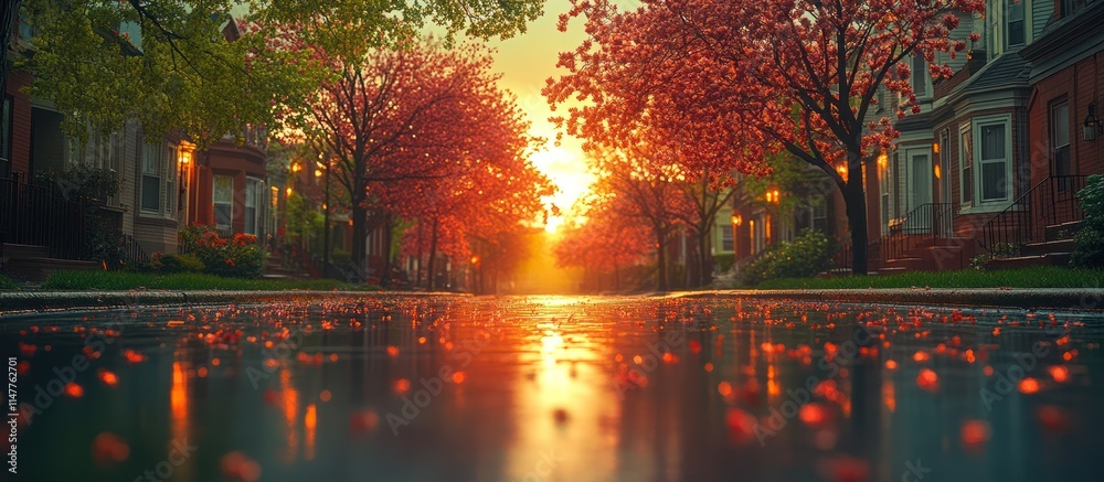 Fototapeta premium Sunset over tree-lined street with wet pavement reflecting blossoms.