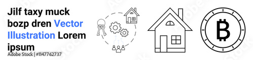 Three main objects - human sketch with gears, house, Bitcoin symbol. Ideal for technology, innovation, digital finance, real estate trends, cryptocurrency concepts, AI integration. Landing page