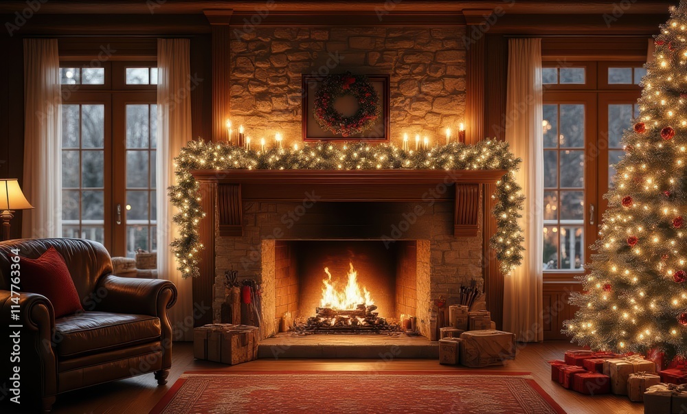 Cozy winter scene with a fireplace Cozy winter scene with a fireplace