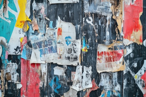 Grunge urban background with torn posters and graffiti texture.