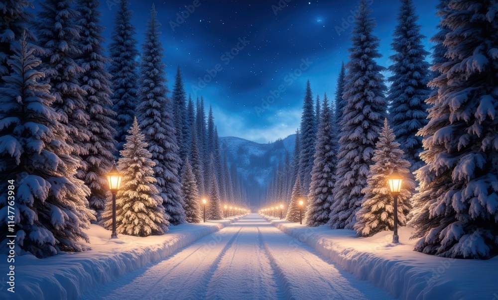 Serene winter night path in snowy forest Serene winter night path in snowy forest