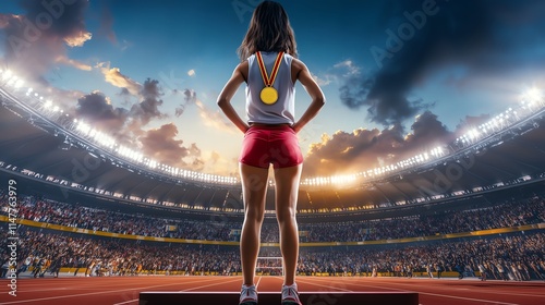 A young athlete proudly holding a gold medal around their neck photo