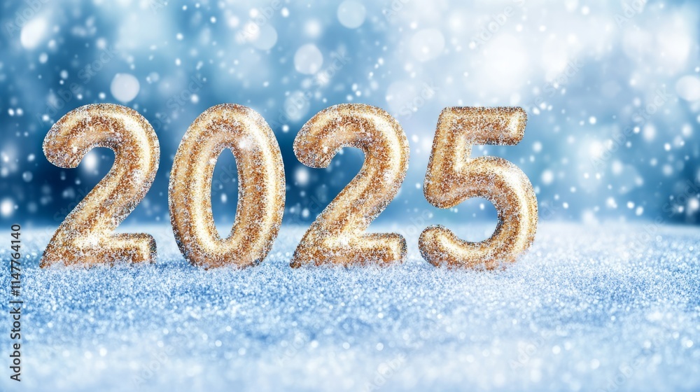 Golden figures number 2025 against the blue snow background. Greeting card, Happy New Year Golden figures number 2025 against the blue snow background. Greeting card, Happy New Year