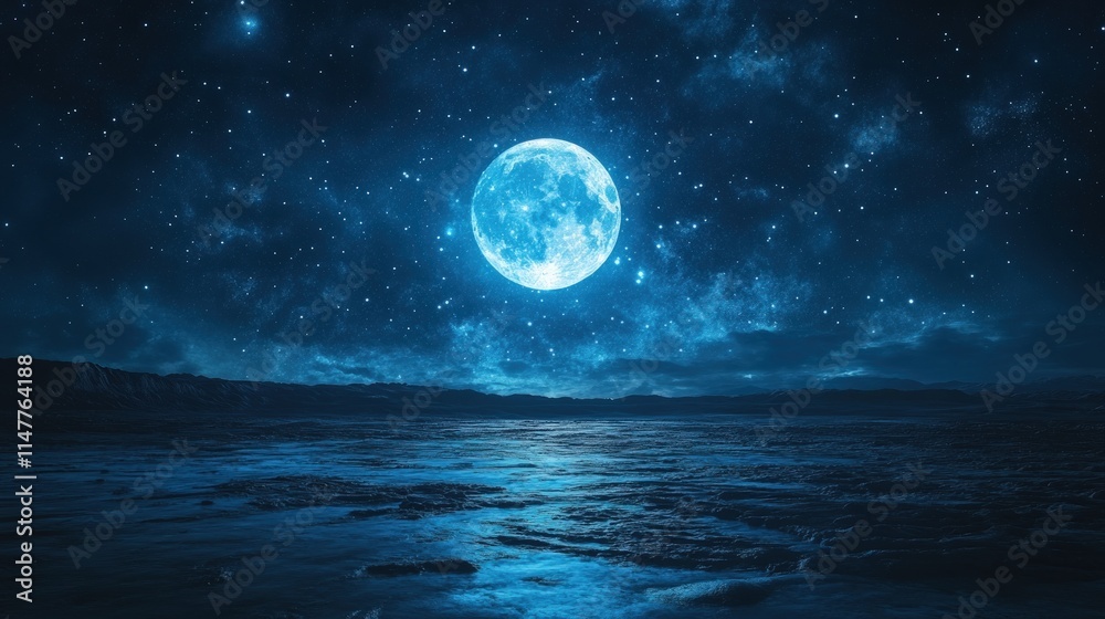 Fototapeta premium Full moon, starry night, dark landscape.