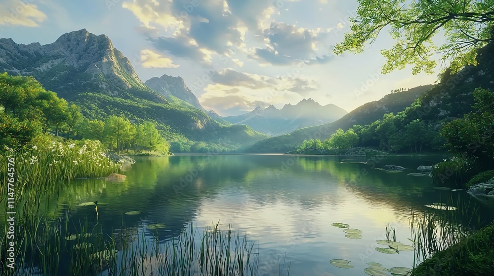 Romantic Summer Landscape with Lake and Mountains Romantic Summer Landscape with Lake and Mountains