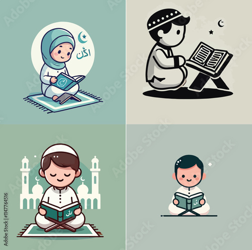 little muslim kid show pray pose and read quran
