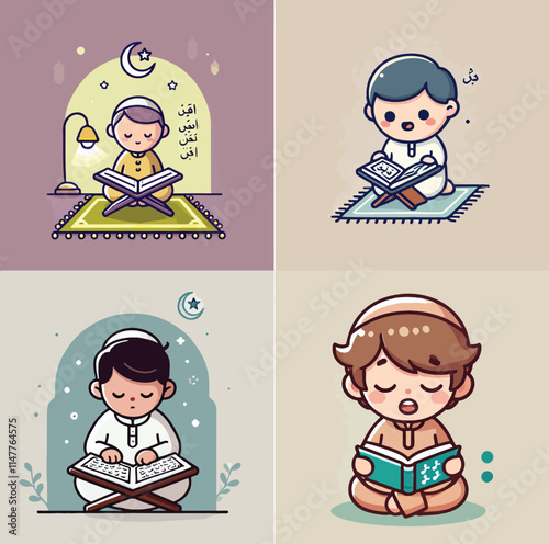 little muslim kid show pray pose and read quran