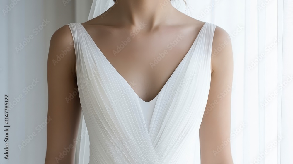 Obraz premium A graceful wedding dress, featuring a deep V-neck and flowing fabric, elegantly worn by a bride against a soft, light backdrop.