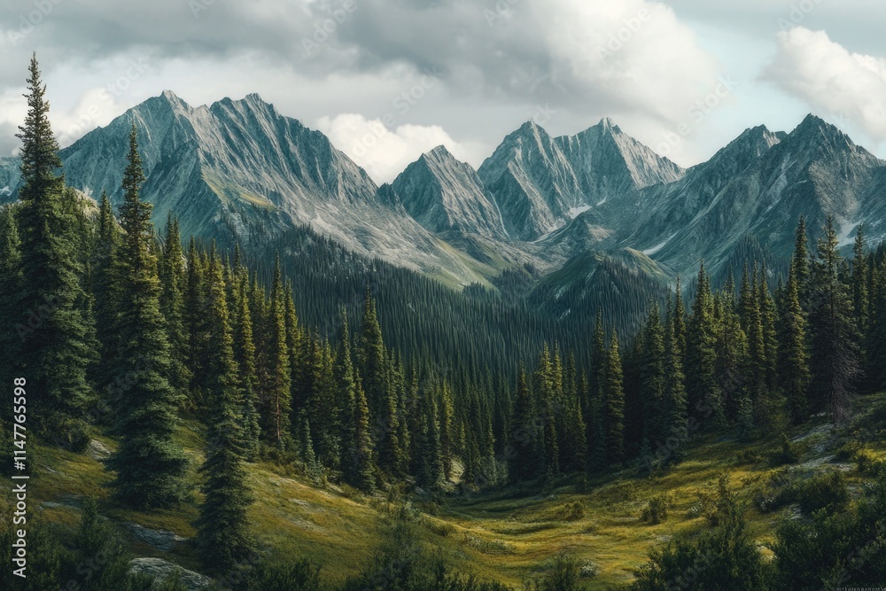 Obraz premium Mountain Range with Pine Trees