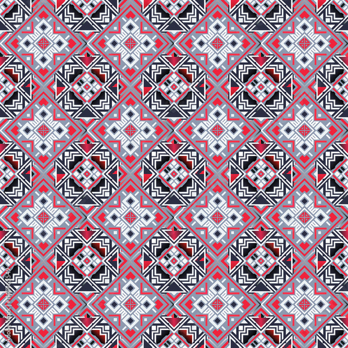 Geometric Textile Pattern: Red, Pink, and Gray Intricate Design 