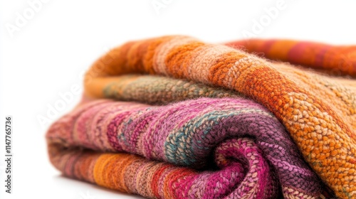 A vibrant, folded textile with warm colors, showcasing intricate patterns and textures, perfect for cozy settings or decorative use.