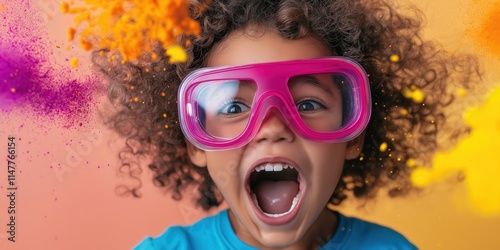 Excited young scientist with oversized safety goggles, surrounded by colourful chemical explosions in a laboratory setting