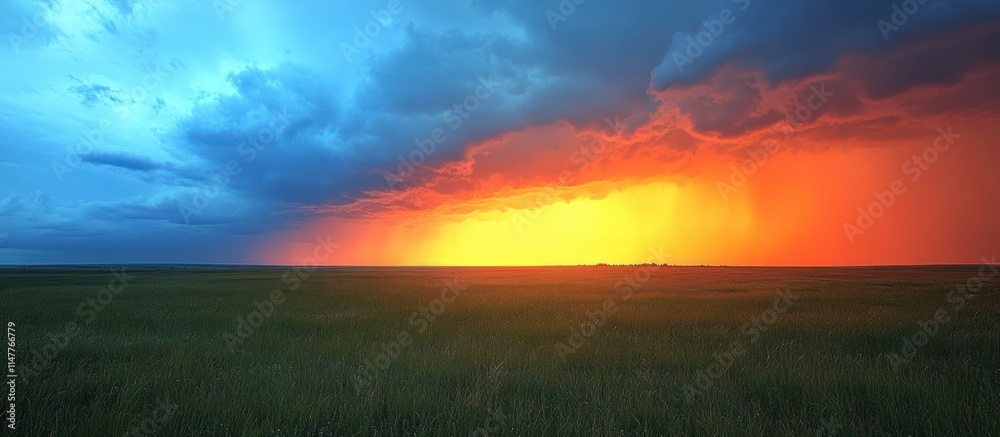 Fototapeta premium Dramatic sunset over a green field with colorful clouds.