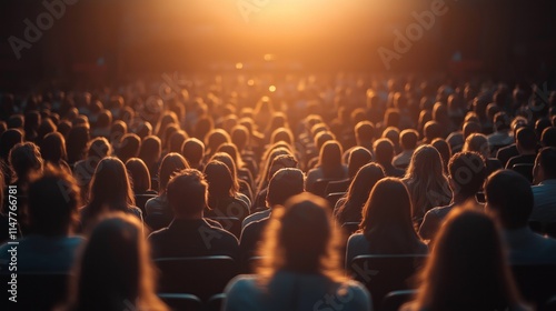 A large audience gathers in a well-lit conference hall for an inspiring seminar on business development. Attendees are captivated, eagerly soaking up valuable knowledge photo