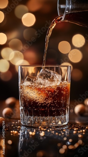 Pouring kahlua over ice elegant drink presentation glassware dark background close-up shot sophisticated beverage experience photo