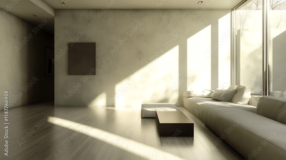 Sunlit minimalist living room with a long beige sofa large windows features a neutral color palette clean lines.