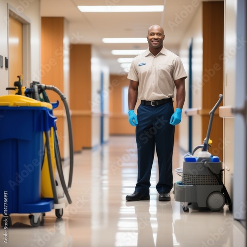 A professional african american cleaning staff member stands confidently in a hallway. Cleaning service concept