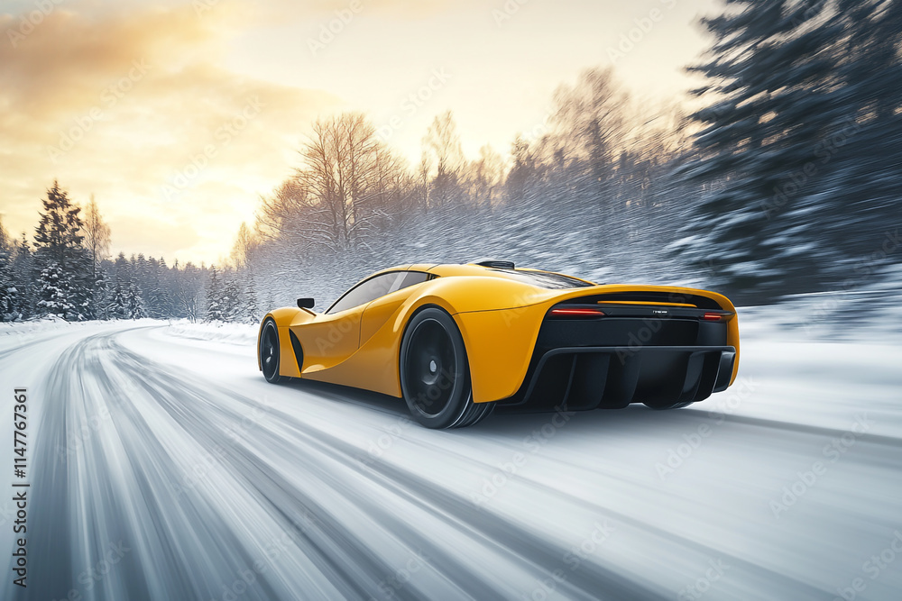 Image of a sleek yellow electric supercar driving down a blurry snowy winter road Image of a sleek yellow electric supercar driving down a blurry snowy winter road