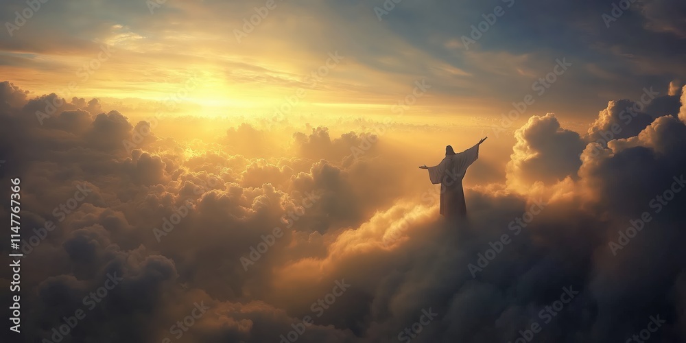 A majestic scene of a figure resembling Jesus Christ seated on a throne above the clouds, surrounded by golden sunlight A majestic scene of a figure resembling Jesus Christ seated on a throne above the clouds, surrounded by golden sunlight
