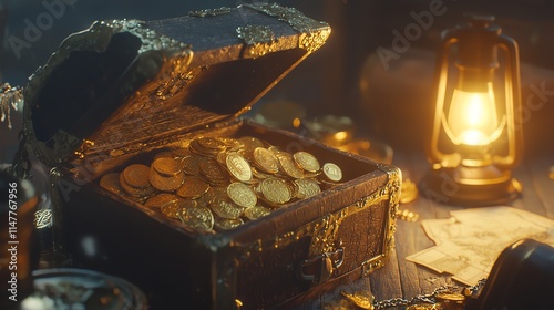 A pirate's treasure chest overflowing with gold coins