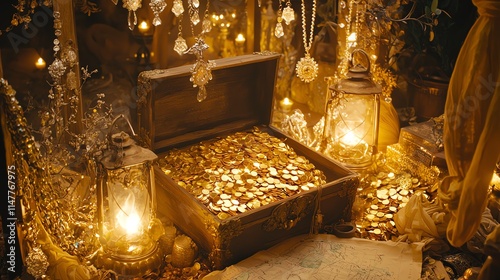 A pirate's treasure chest overflowing with gold coins