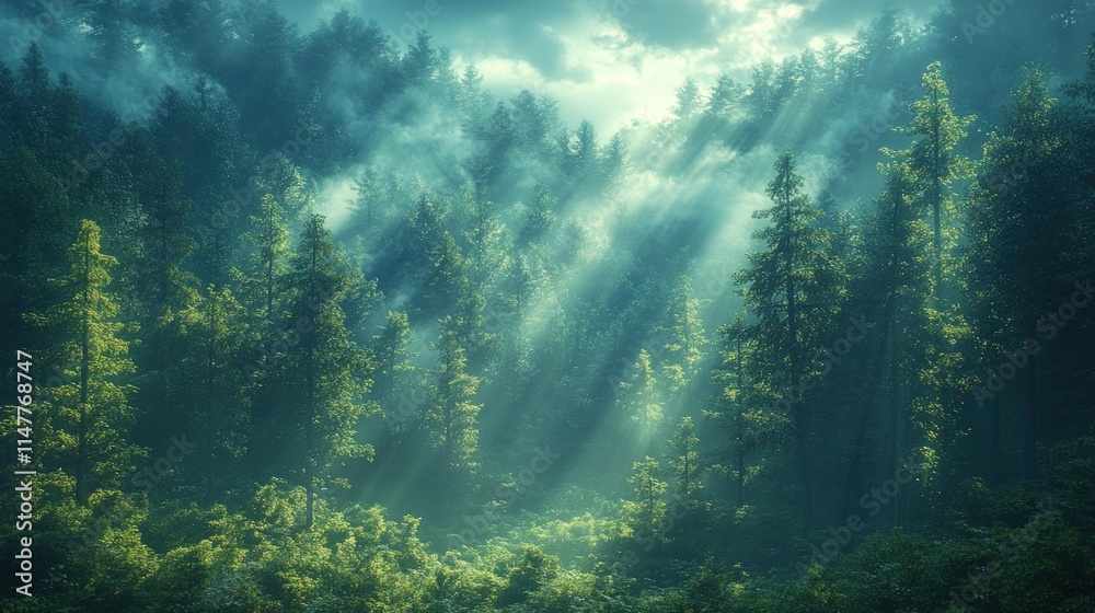 Naklejka premium Sunbeams pierce misty, green forest.