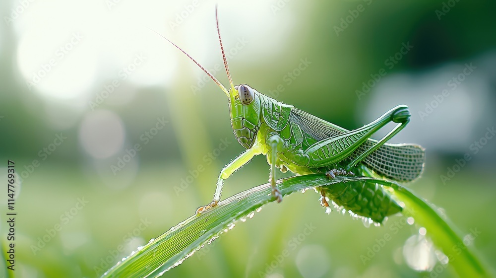 Green grasshopper perched on a dewy blade of grass in sunlight. Green grasshopper perched on a dewy blade of grass in sunlight.