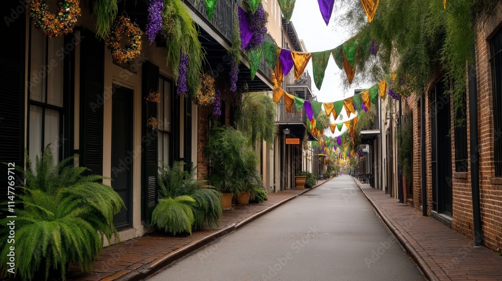 Fototapeta premium A vibrant street adorned with Mardi Gras flags and festive decorations in green, purple, and gold, surrounded by lush greenery and classic architecture, creating a celebratory atmosphere