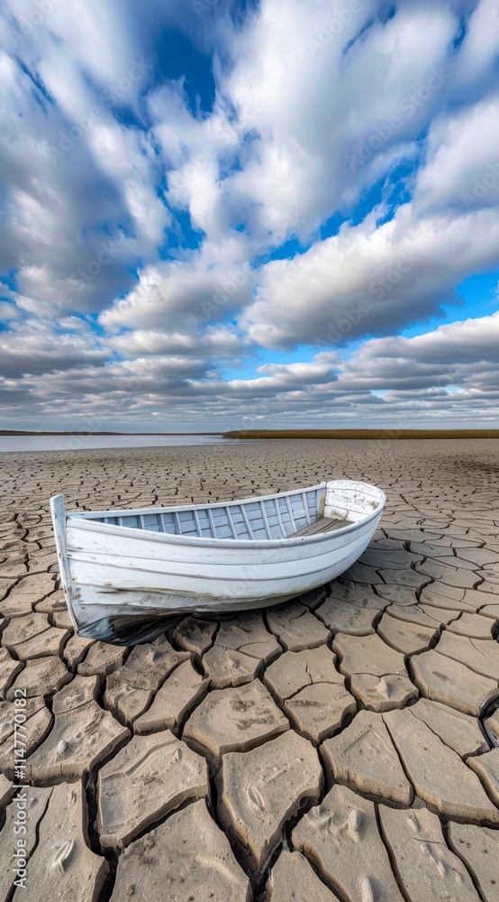 A lone white boat rests on cracked, dry earth under a dramatic sky, symbolizing drought and nature's challenges, Ideal for environmental campaigns, articles on climate change, or artwork,