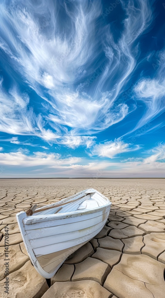 A white boat rests on cracked earth under a dramatic sky, symbolizing drought or environmental change, This image can be used for articles on climate change, conservation, or travel, A white boat rests on cracked earth under a dramatic sky, symbolizing drought or environmental change, This image can be used for articles on climate change, conservation, or travel,