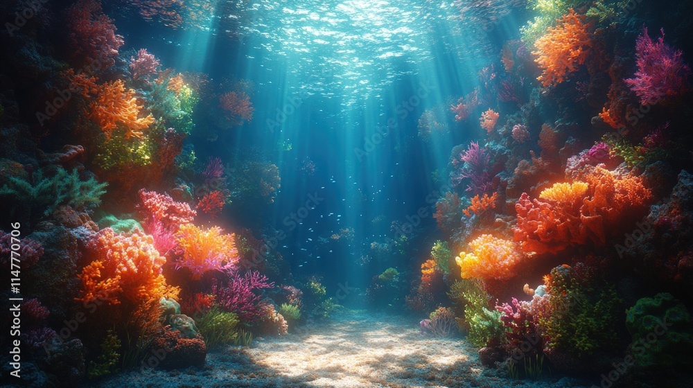 Sunlit underwater coral reef scene. Sunlit underwater coral reef scene.