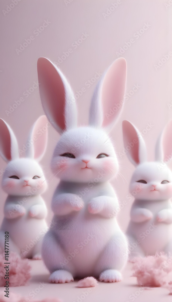 Conejos súper tiernos y suaves mirando a cámara. Estilo kawaii. Fondo rosa Conejos súper tiernos y suaves mirando a cámara. Estilo kawaii. Fondo rosa