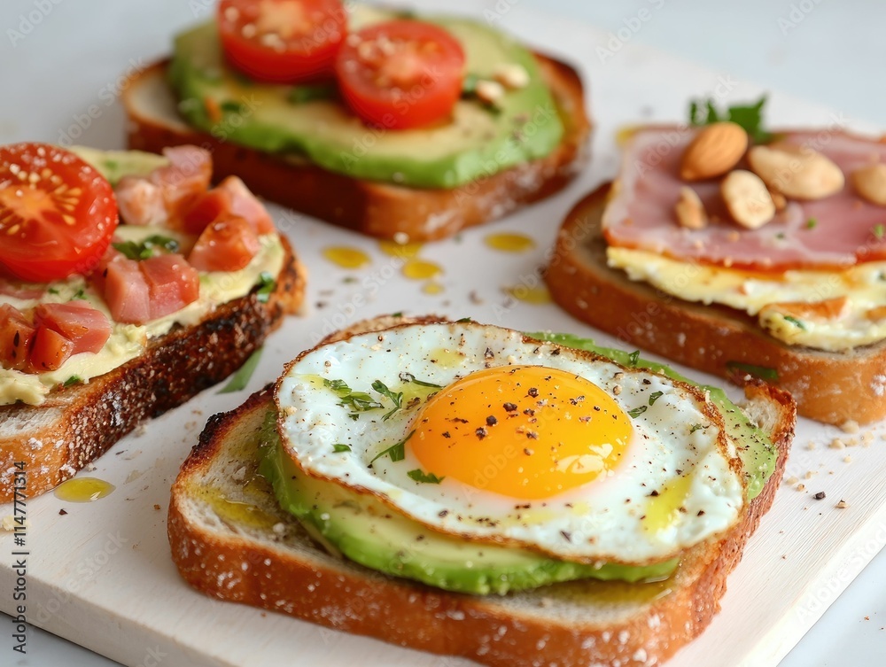 A colorful platter featuring toast topped with avocado, eggs, tomatoes, and ham, showcasing a delicious breakfast spread. A colorful platter featuring toast topped with avocado, eggs, tomatoes, and ham, showcasing a delicious breakfast spread.