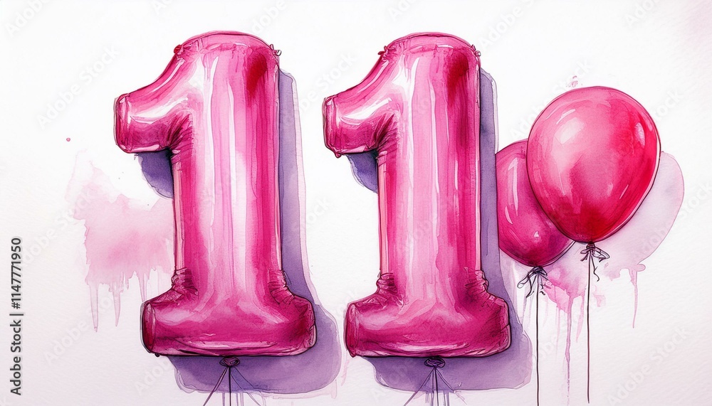Pink birthday / anniversary balloon, number 11, watercolor painting with white background